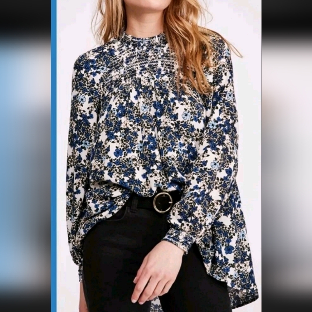 Free People Smocked Tunic Top Womens Sz Xs Oversized Blue Floral Mini Dress EUC
